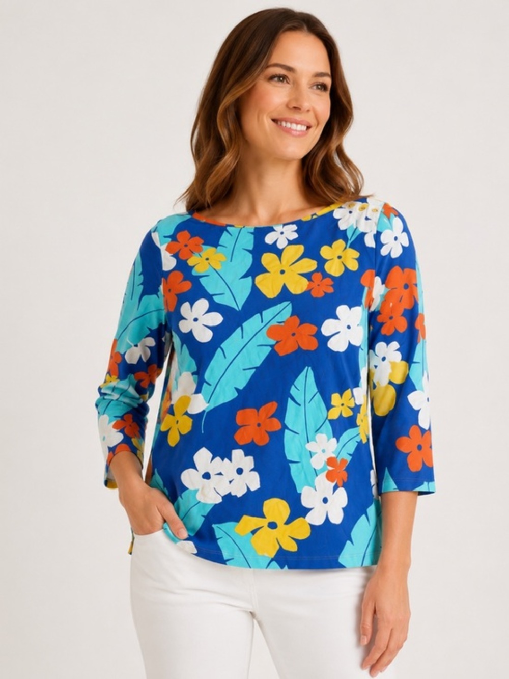 J. McLaughlin Floral Print Tunic Top Size M Blue 3/4 Sleeve Stretch